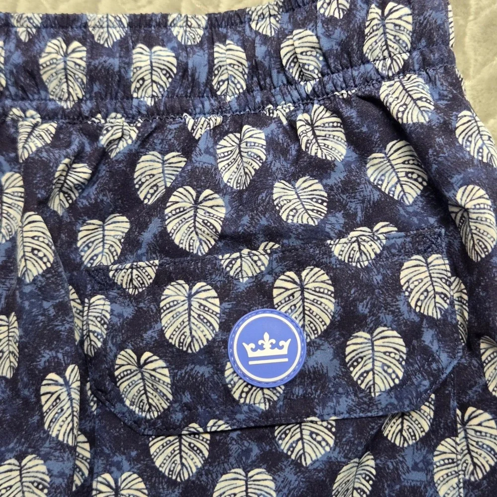 Peter Millar Seaside Mens Blue Monstera Leaf Print Swim Trunks Size Large